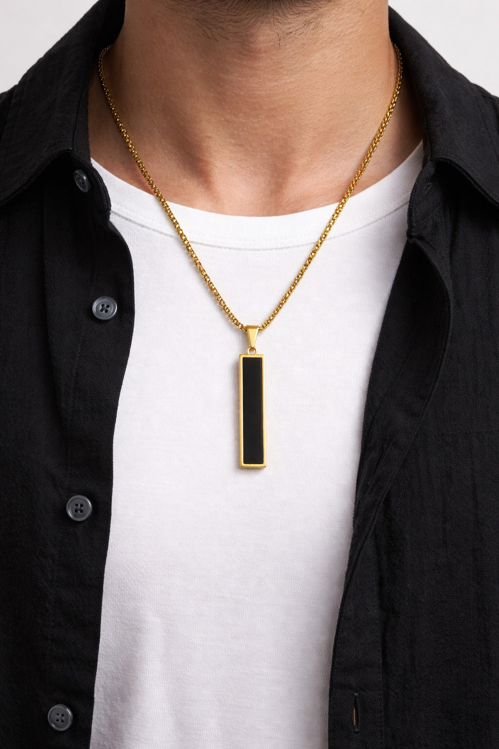 Gold Plated Bar Pendant Necklace – Minimalist Black Inlay Chain (Unisex)