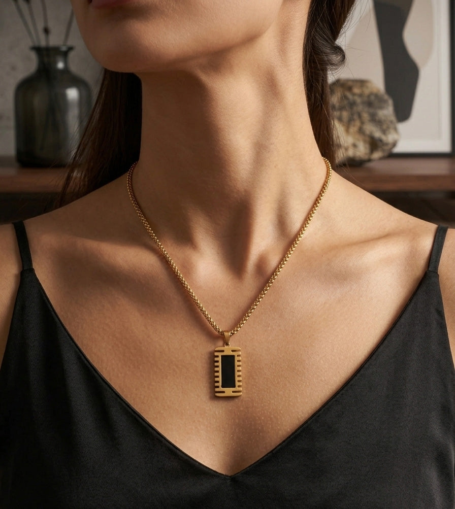 Luxury Black & Gold Pendant Necklace | Minimal Geometric Stainless Steel Chain | Premium Unisex Jewelry