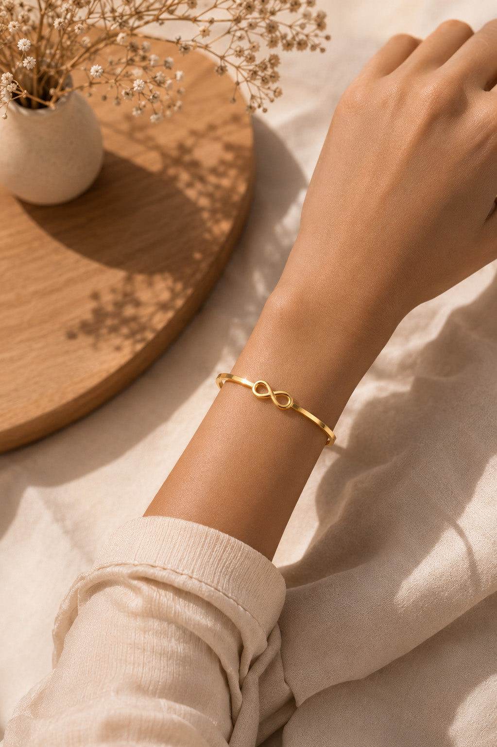 Eternal Infinity Gold Plated Bangle – Minimalist Hinged Cuff Bracelet