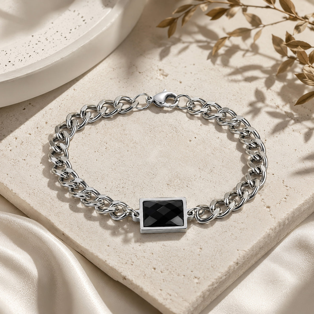 Classic Black Faceted Crystal Curb Chain Bracelet – Stainless Steel Men's Wristband