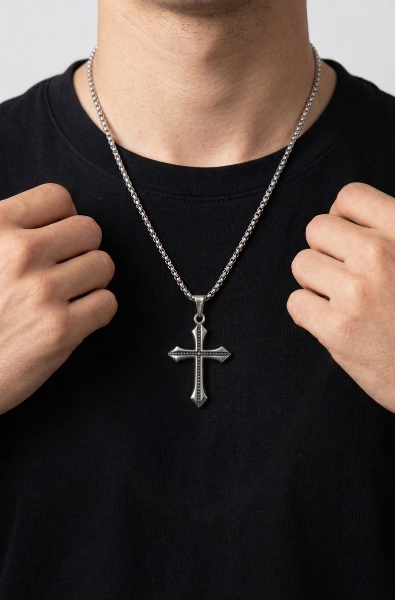 Vintage Gothic Cross Pendant Necklace for Men & Women | Stainless Steel Black Stone Cross Chain | Unisex Fashion Jewelry