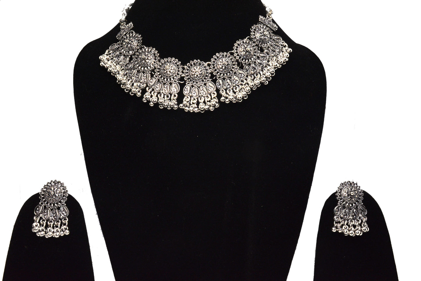 Oxidised Designer Adjustable Drawstring Necklace Choker Set With Earrings