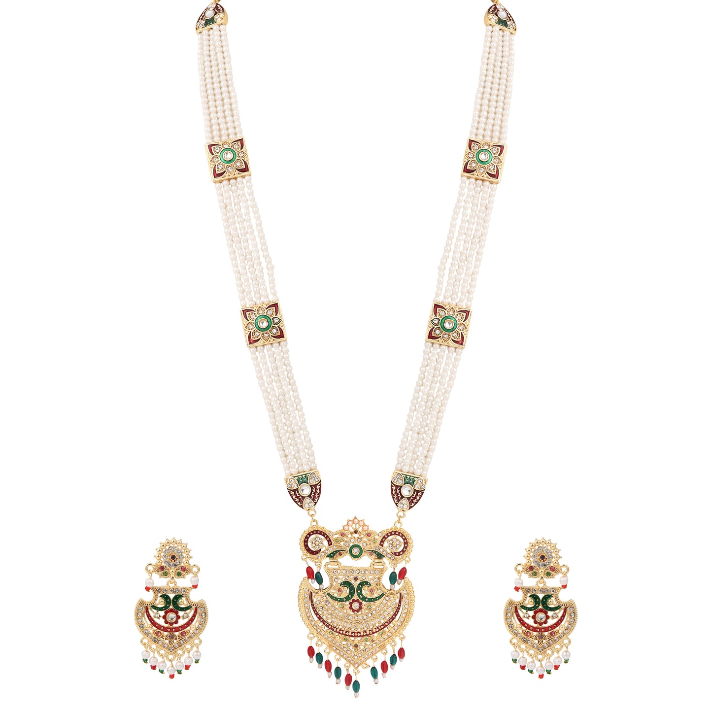 Premium Moti Stones Studded Long Raanihar Necklace Pendent Jewellery Set With Matching Earrings - Perfect for Weddings & Festive Celebrations