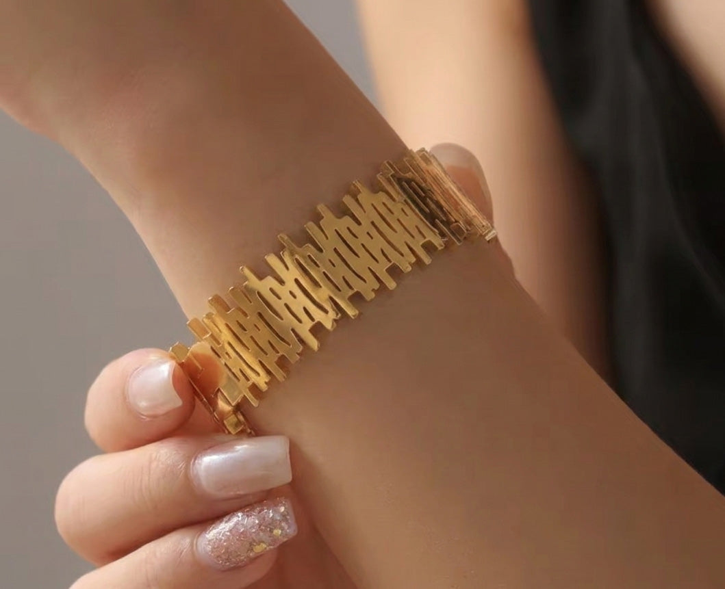 Geometric Architectural Gold Plated Bangle Bracelet – Textured Statement Cuff Bracelet