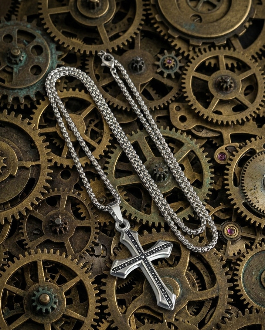 Vintage Gothic Cross Pendant Necklace for Men & Women | Stainless Steel Black Stone Cross Chain | Unisex Fashion Jewelry