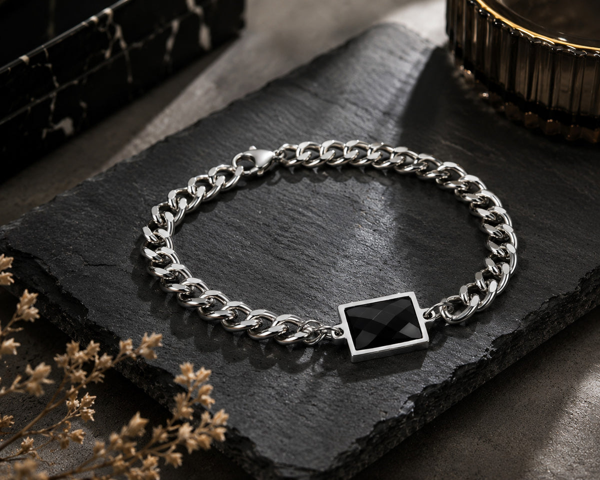 Classic Black Faceted Crystal Curb Chain Bracelet – Stainless Steel Men's Wristband
