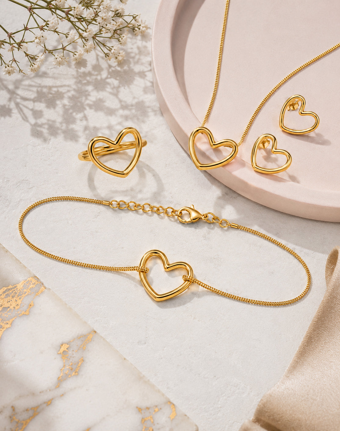 Elegance Open Heart Jewelry Set – Gold-Plated Matching Necklace, Earrings, Ring & Bracelet