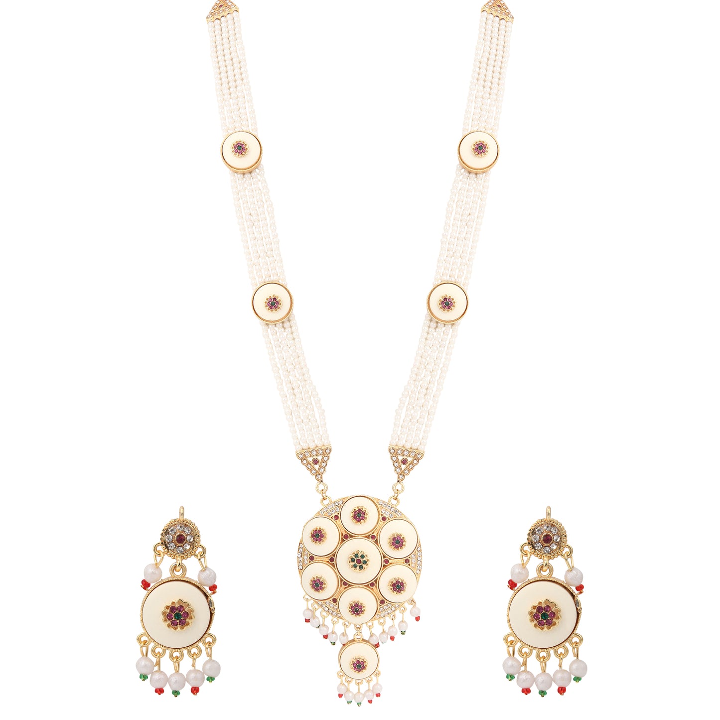 Royal Multi-Layer Pearl & Kundan Pendant Necklace Set with Matching Earrings - Perfect for Weddings & Festive Celebrations