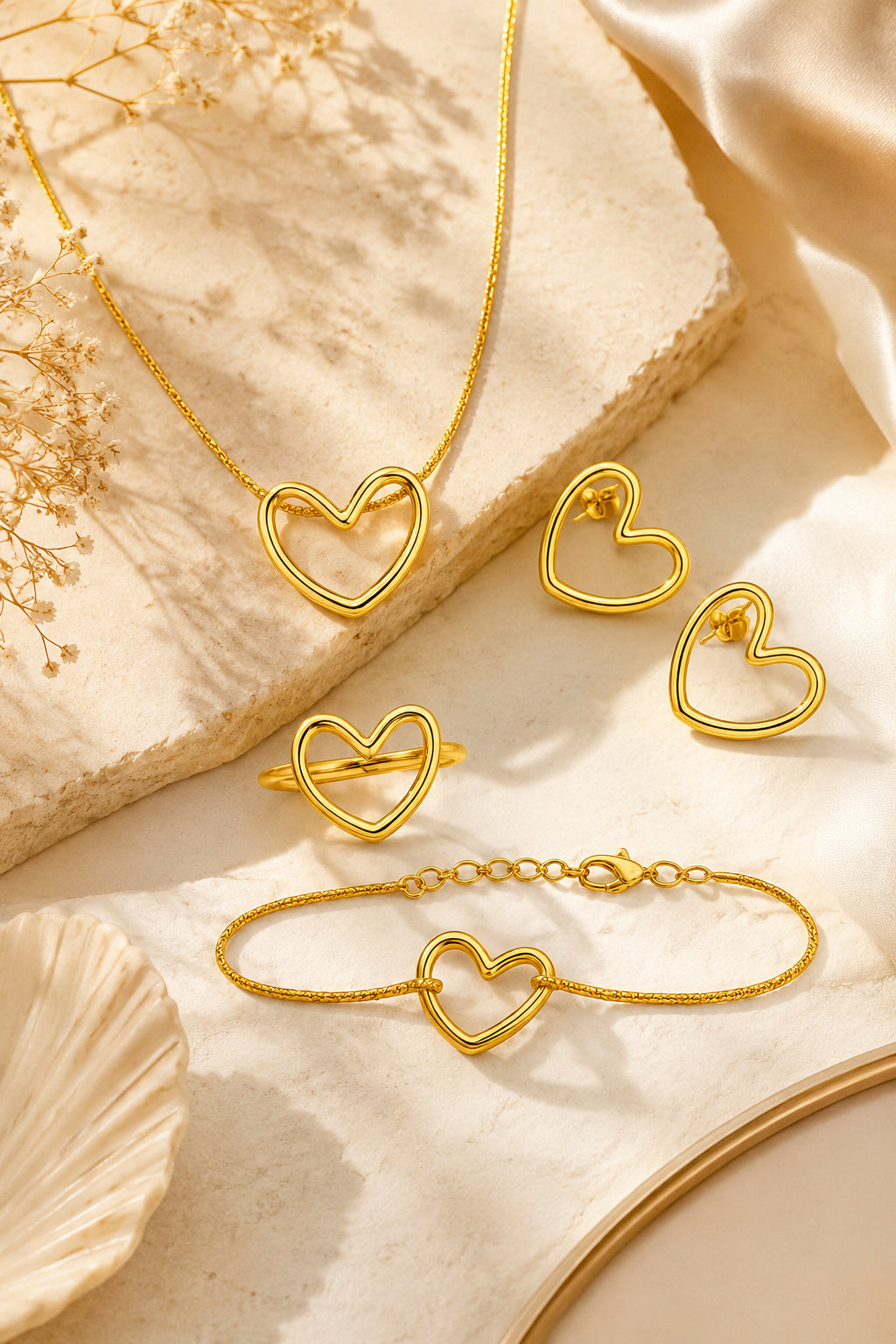 Elegance Open Heart Jewelry Set – Gold-Plated Matching Necklace, Earrings, Ring & Bracelet