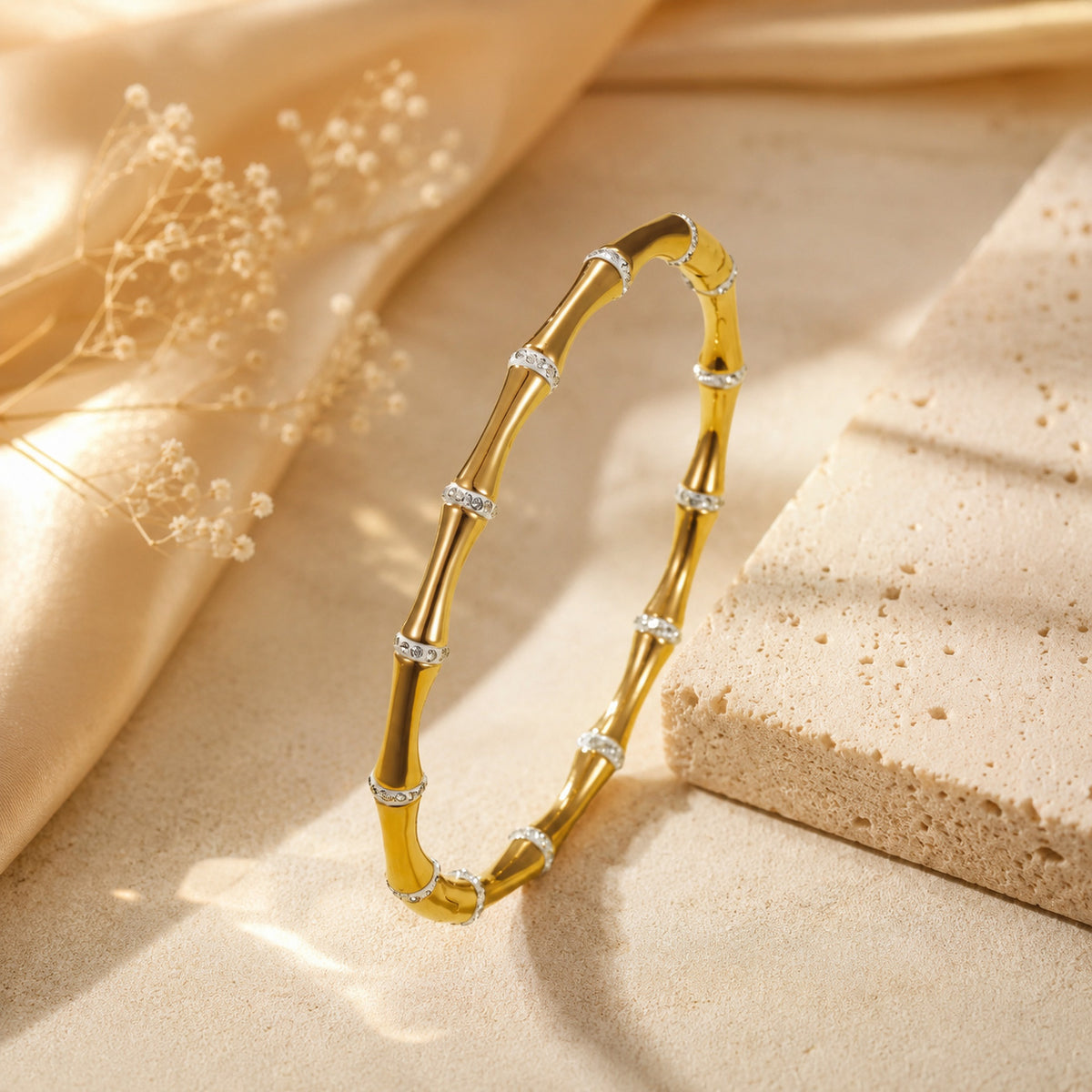 Elegance Bamboo-Motif Gold Plated Bangle – Crystal-Accented Designer-Style Cuff