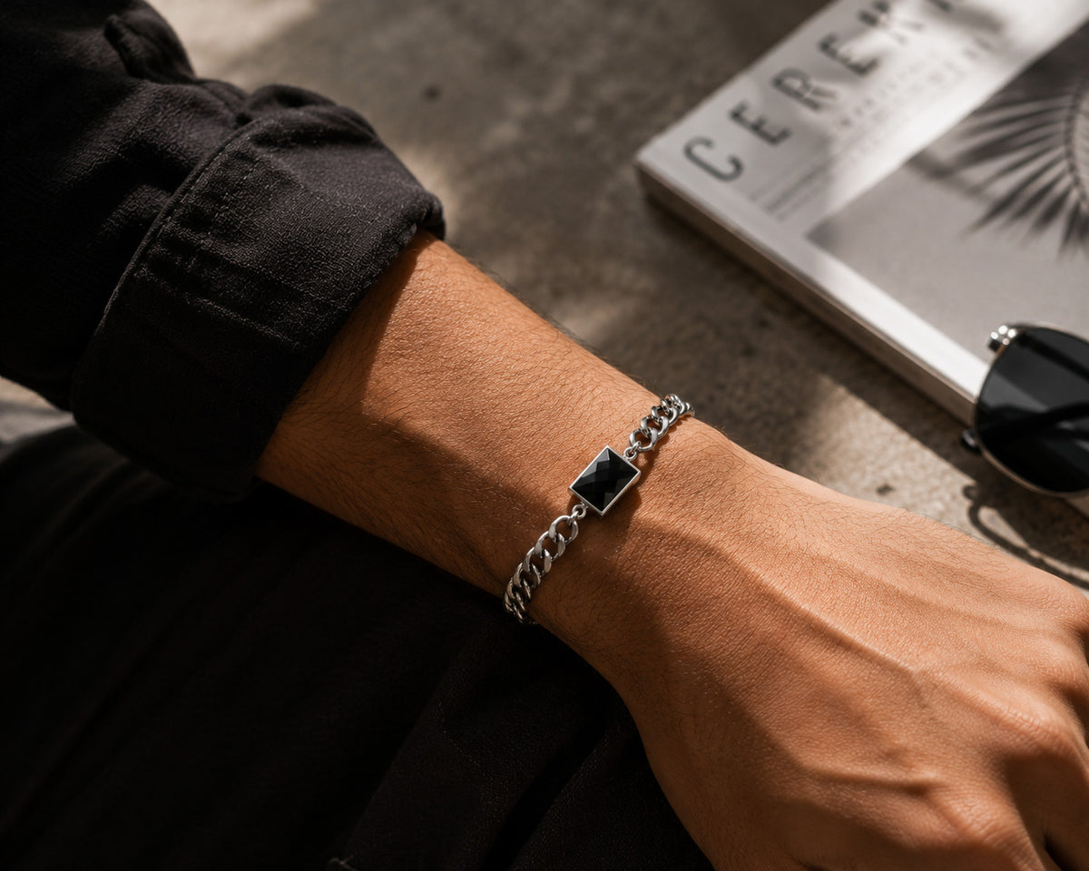 Classic Black Faceted Crystal Curb Chain Bracelet – Stainless Steel Men's Wristband