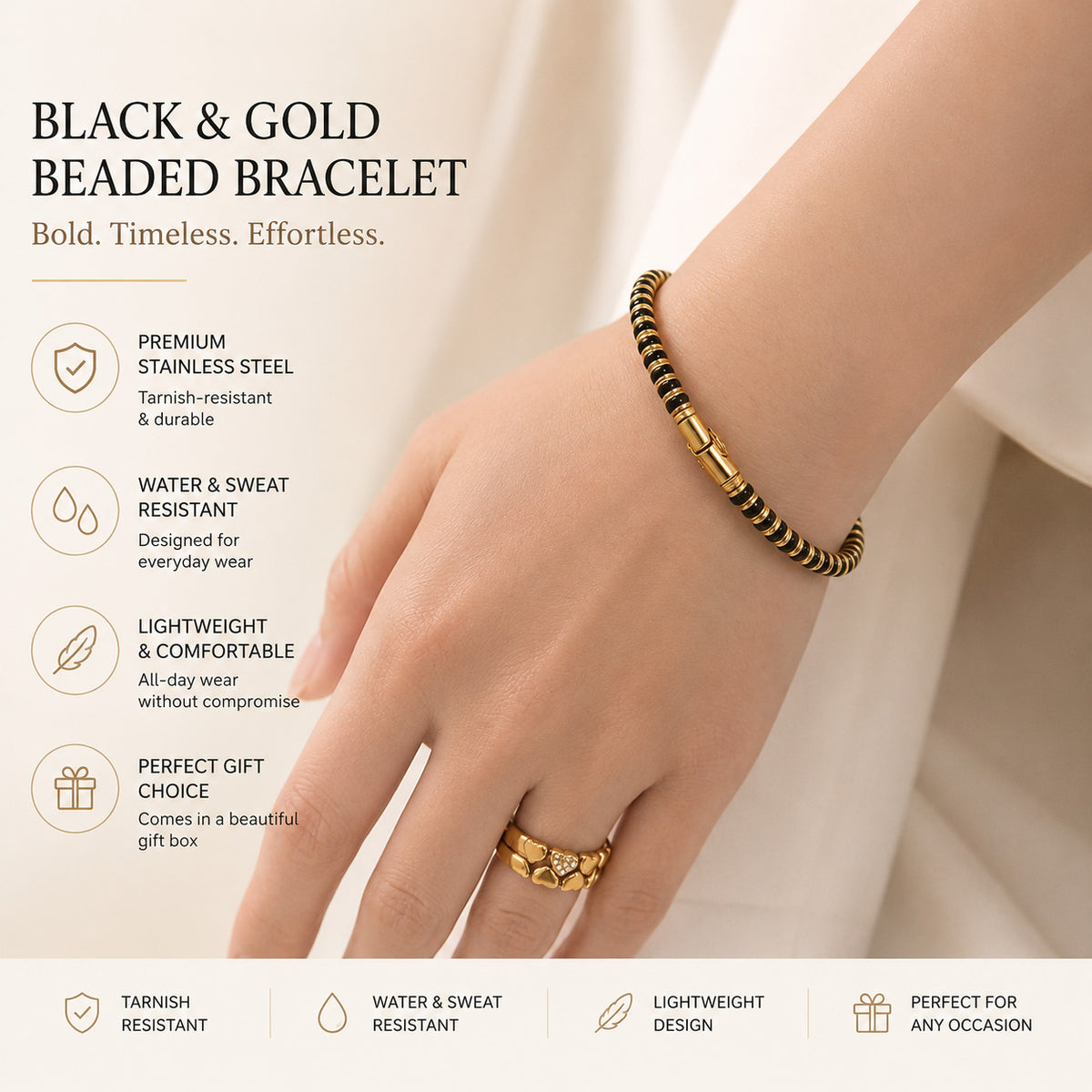 Two-Tone Black and Gold Segmented Bangle – Stainless Steel Designer-Style Cuff