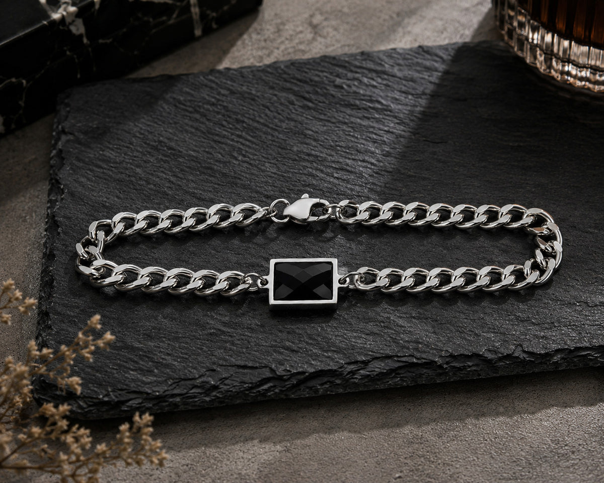 Classic Black Faceted Crystal Curb Chain Bracelet – Stainless Steel Men's Wristband
