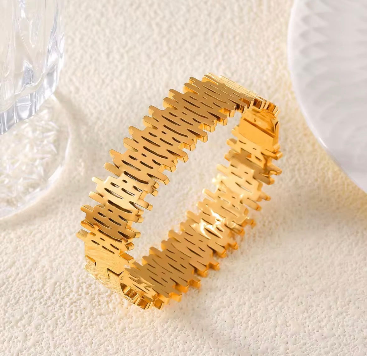 Geometric Architectural Gold Plated Bangle Bracelet – Textured Statement Cuff Bracelet