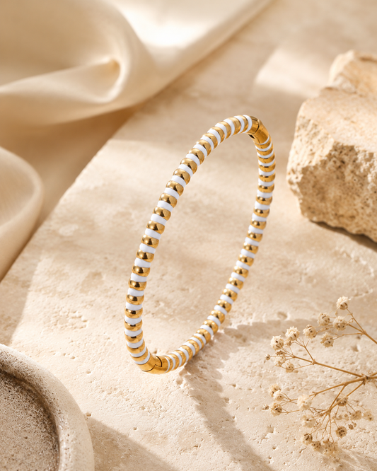 Two-Tone White and Golden Segmented Bangle – Stainless Steel Designer-Style Cuff