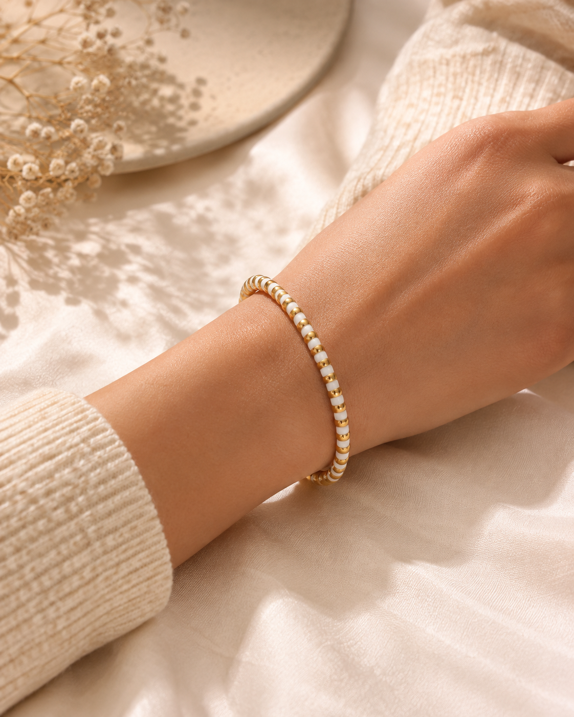 Two-Tone White and Golden Segmented Bangle – Stainless Steel Designer-Style Cuff