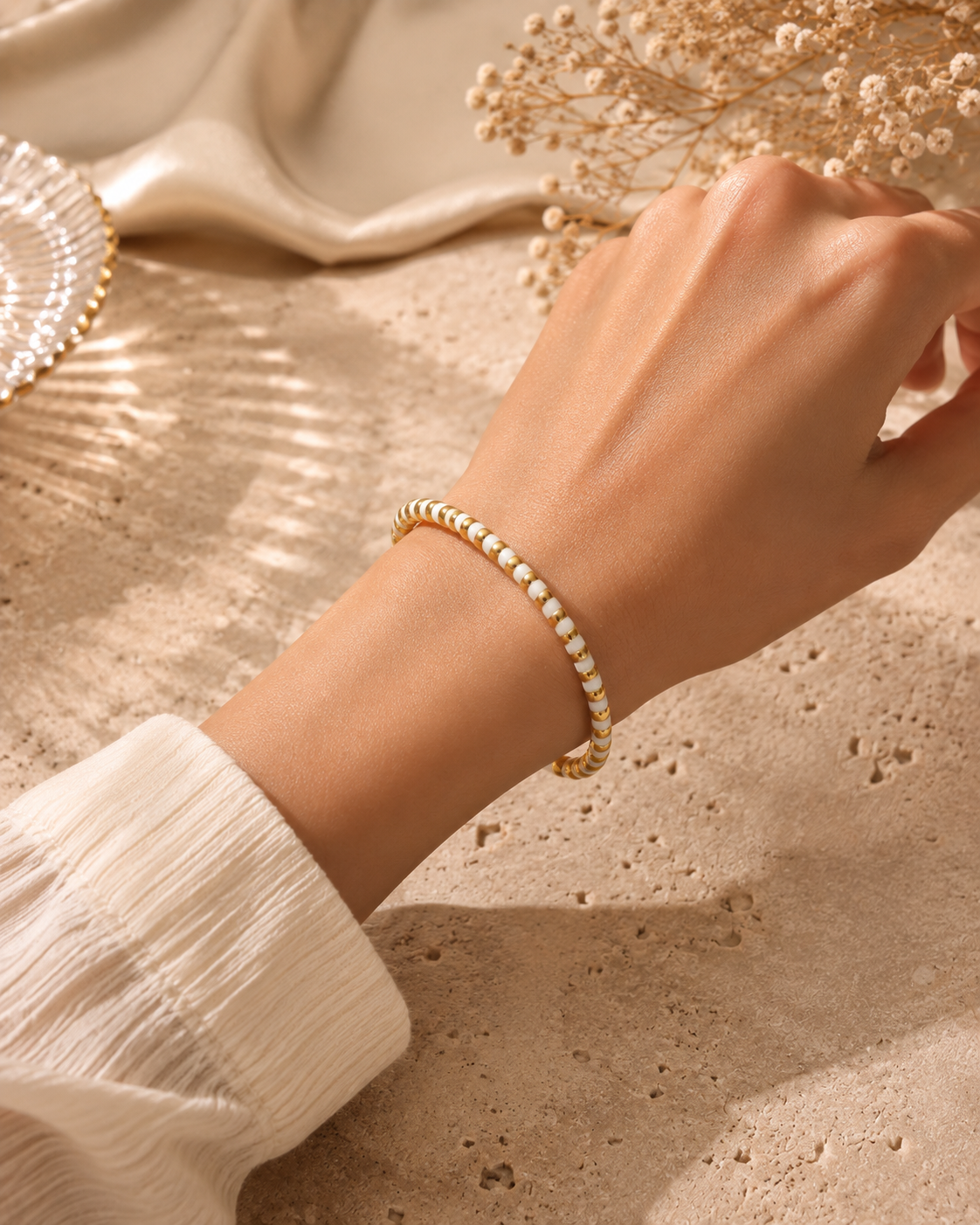 Two-Tone White and Golden Segmented Bangle – Stainless Steel Designer-Style Cuff