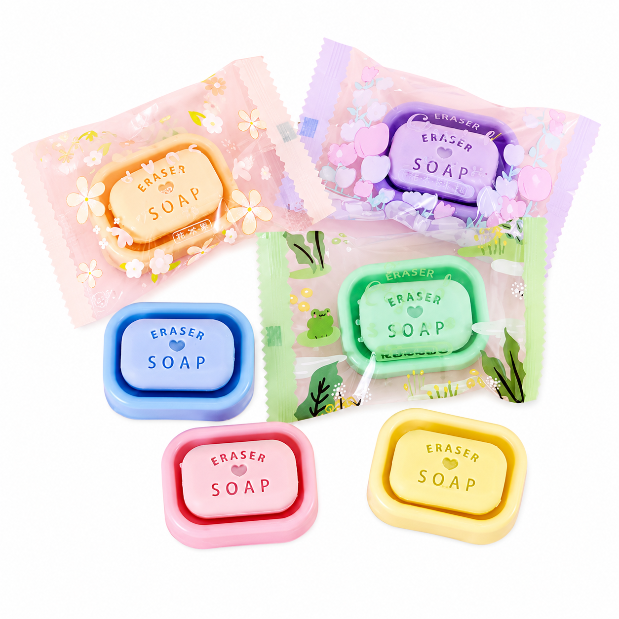 Soap Shaped Erasers Pack of 6 | Cute Mini Soap Eraser with Tray | Kawaii Stationery for Kids | Return Gifts, School Supplies & Birthday Gift
