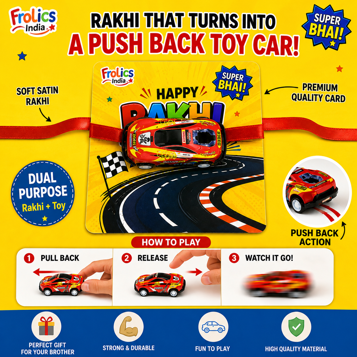 Push Back Toy Car Rakhi for Brother | Racing Car Rakhi with Premium Greeting Card | Reusable Rakhi Gift | Fun Raksha Bandhan Gift for Kids & Brothers