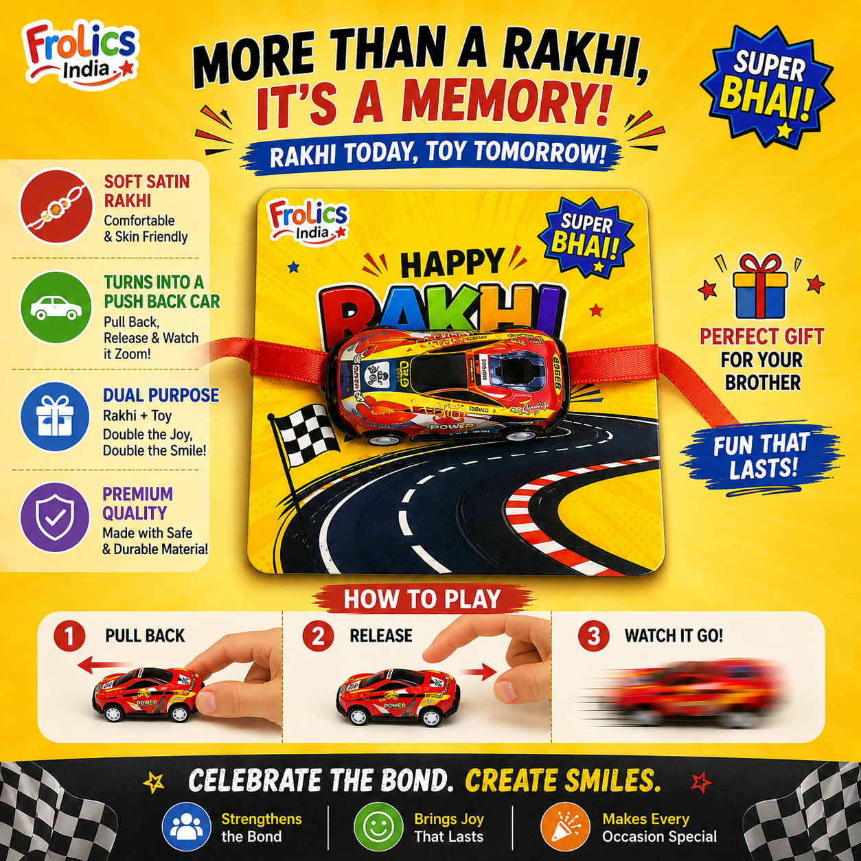 Push Back Toy Car Rakhi for Brother | Racing Car Rakhi with Premium Greeting Card | Reusable Rakhi Gift | Fun Raksha Bandhan Gift for Kids & Brothers
