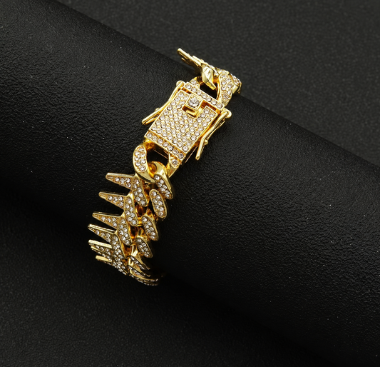 Iced Out Spiked Cuban Link Bracelet – Gold Plated Bling Statement Wristband