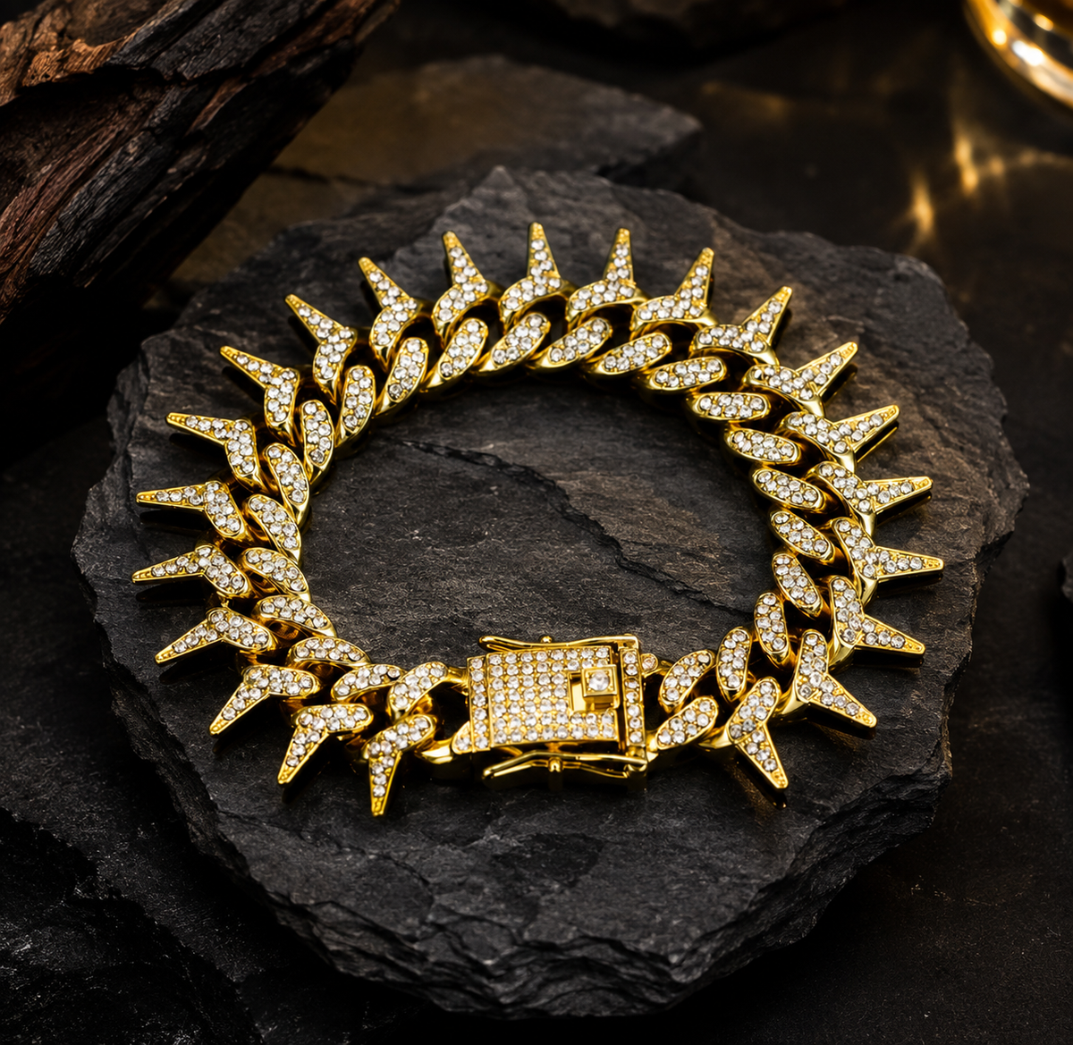 Iced Out Spiked Cuban Link Bracelet – Gold Plated Bling Statement Wristband