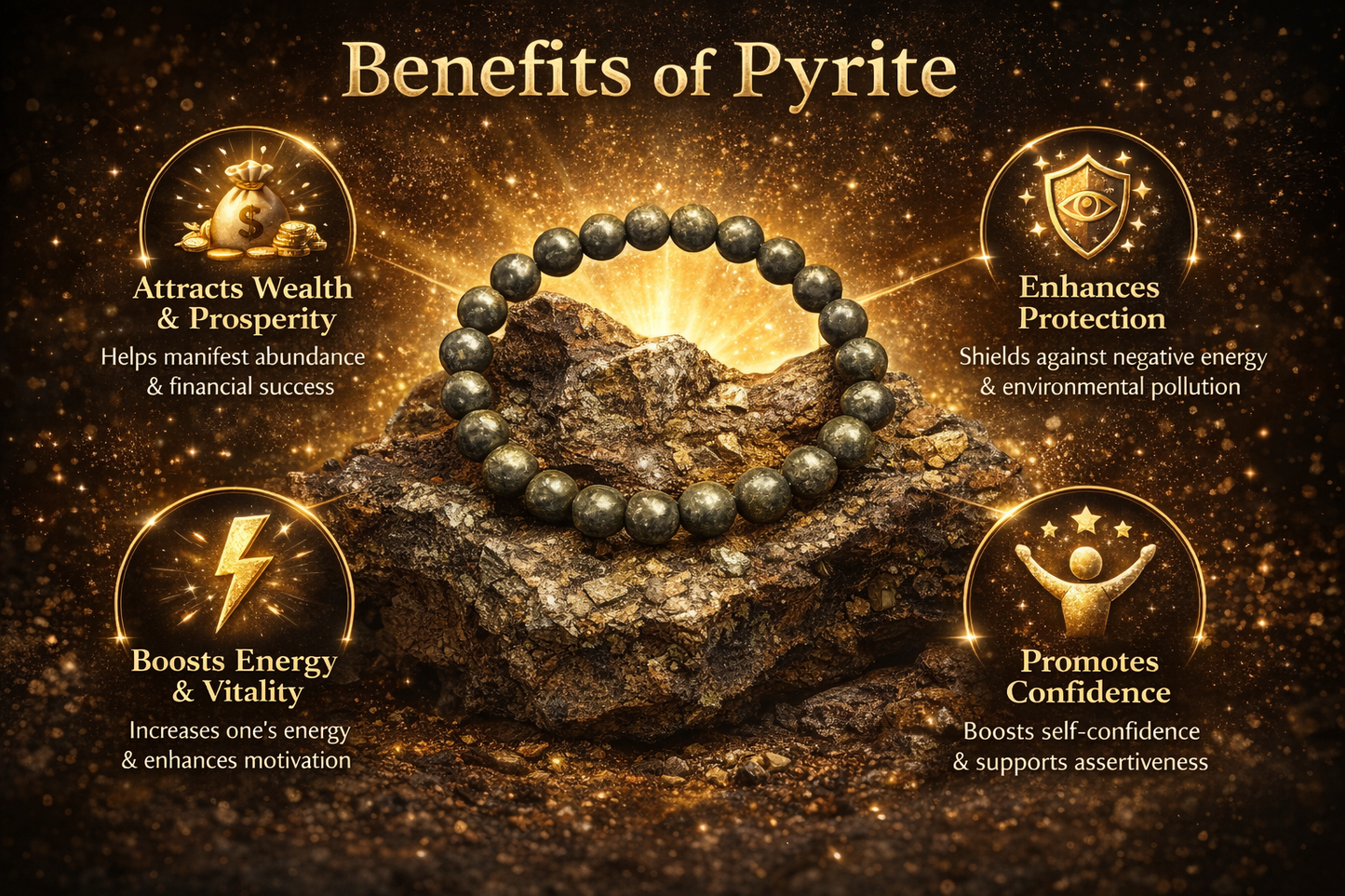 Natural Pyrite Bracelet for Wealth, Luck & Protection – Money Magnet Healing Crystal Bracelet for Men & Women