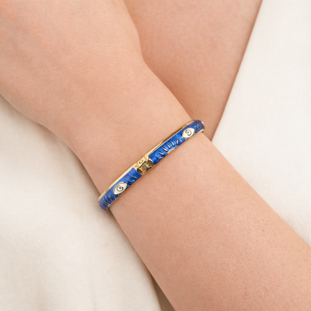 Evil Eye Enamel Bangle Bracelet – Front Openable Gold Finish | Adjustable Size (2-4 to 2-8)