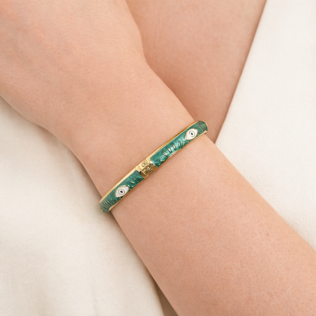 Evil Eye Enamel Bangle Bracelet – Front Openable Gold Finish | Adjustable Size (2-4 to 2-8)