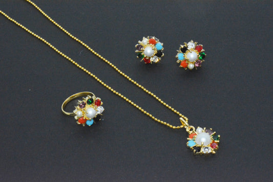 Elegant Navratan Multi-Stone Floral Jewelry Set - Necklace, Earrings & Ring Set