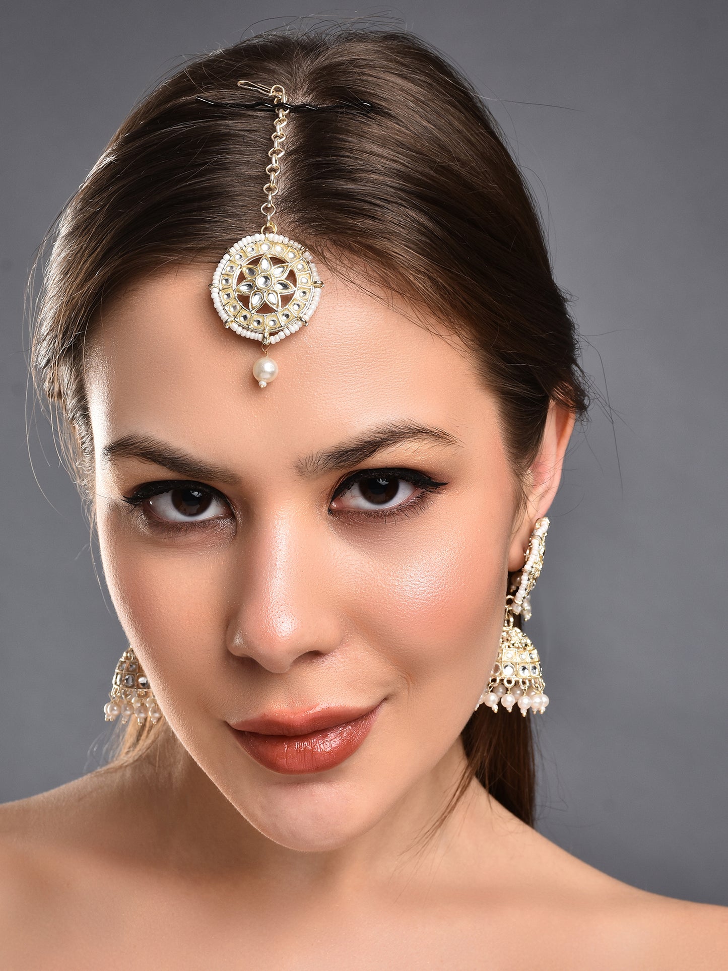 Elegant Kundan & Pearl Jhumka Bahubali Earrings Set with Maang Tikka - Traditional Bridal Jewelry for Festive Occasions