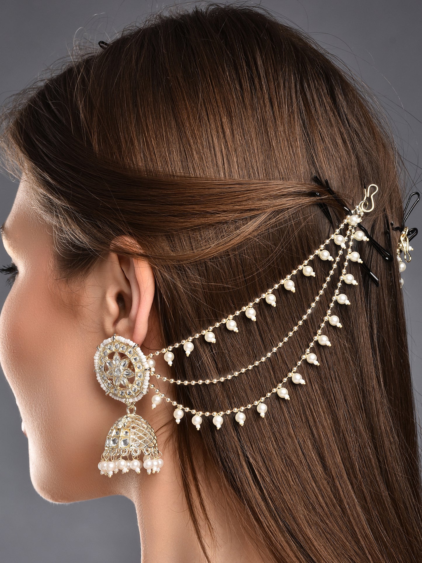 Elegant Kundan & Pearl Jhumka Bahubali Earrings Set with Maang Tikka - Traditional Bridal Jewelry for Festive Occasions