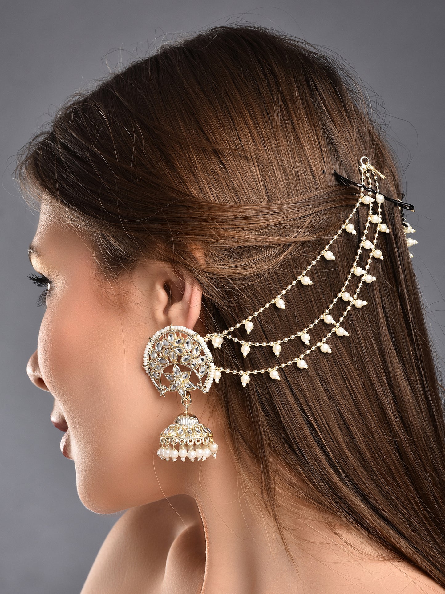 Elegant Kundan & Pearl Jhumka Bahubali Earrings Set - Traditional Bridal Jewelry for Festive Occasions