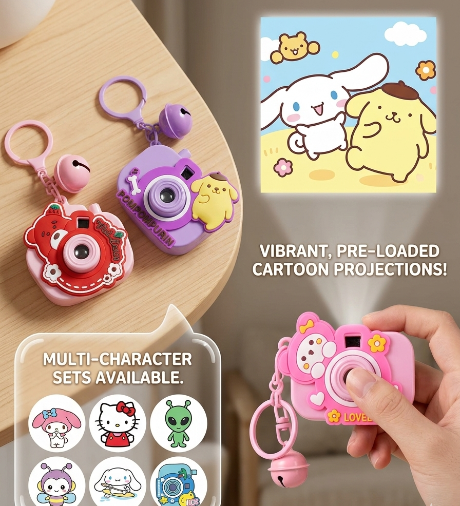 Mini Toy Camera Keychain with Vibrant Cartoon Projection | Cute Multi-Character Pocket Projector Fun Accessory | Random Colors and Characters