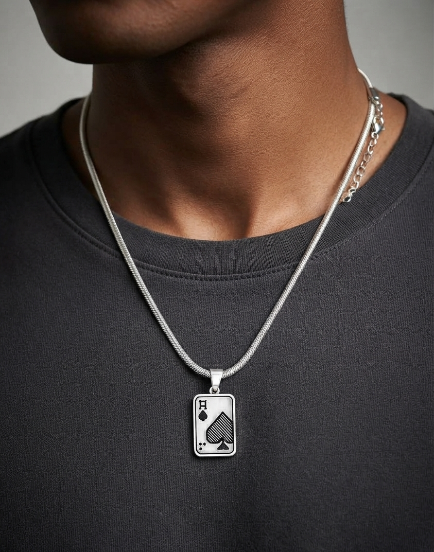 Ace of Spades Stainless Steel Pendant Necklace – 55 cm Snake Chain