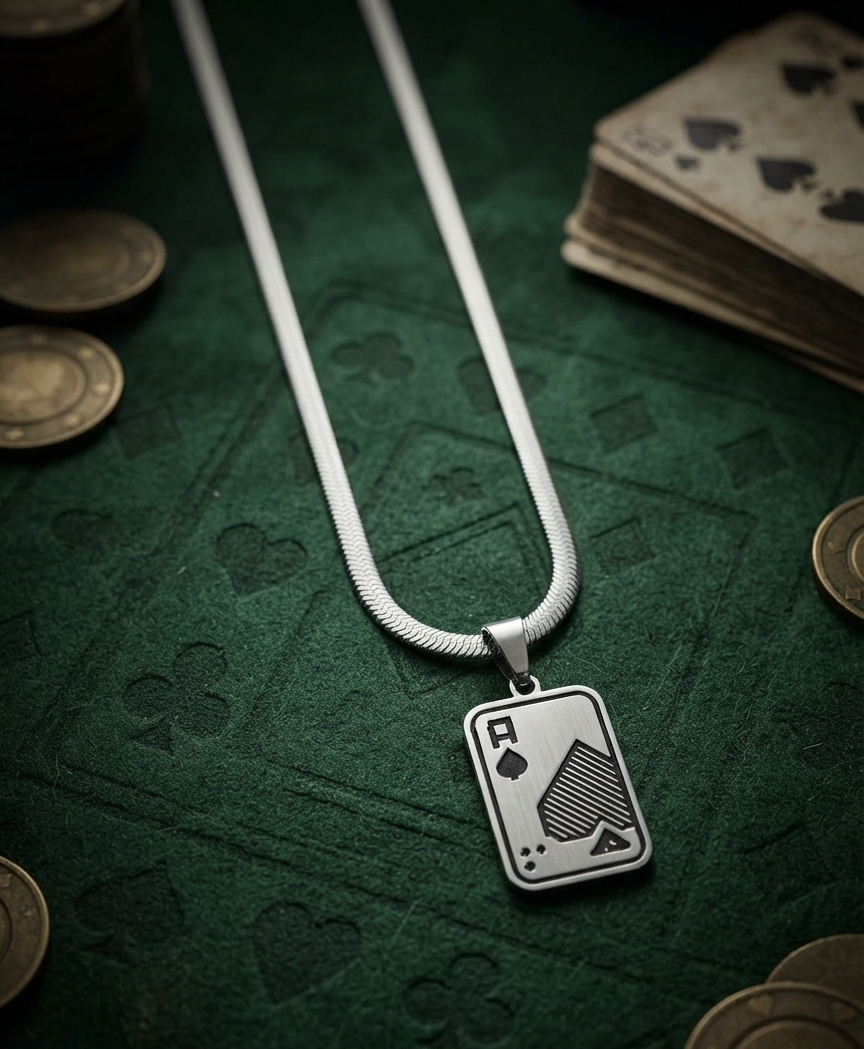 Ace of Spades Stainless Steel Pendant Necklace – 55 cm Snake Chain