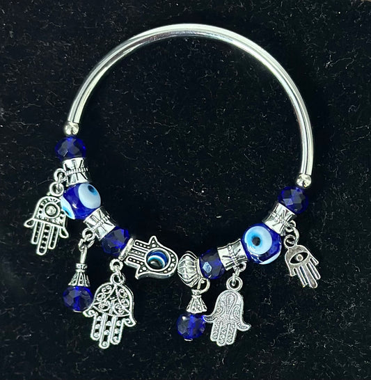 Multiple Charm Hangings Hamsa Hand Blue Evil Eye Elasticated Adjustable Bracelet