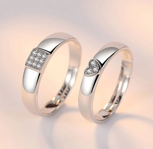 CZ Stones Studded Stainless Steel Adjustable Size Couple Ring Set