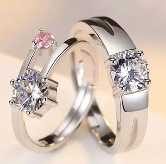 CZ Stones Studded Stainless Steel Adjustable Size Couple Ring Set