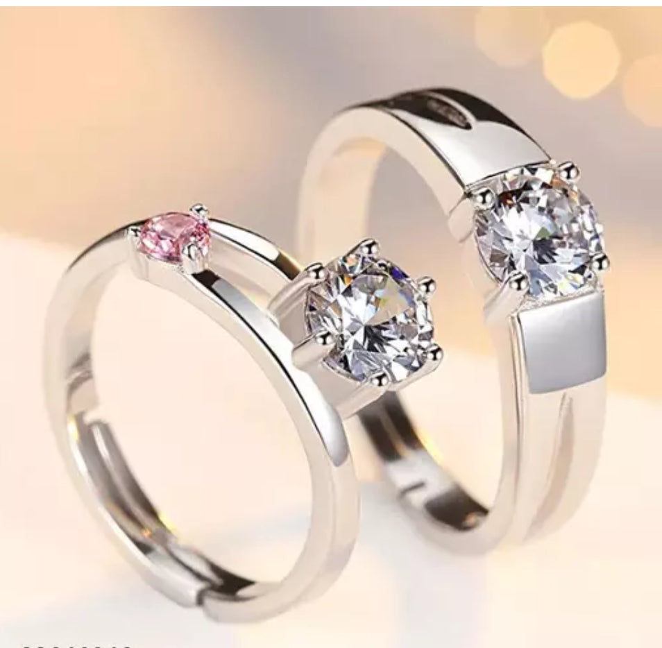 CZ Stones Studded Stainless Steel Adjustable Size Couple Ring Set