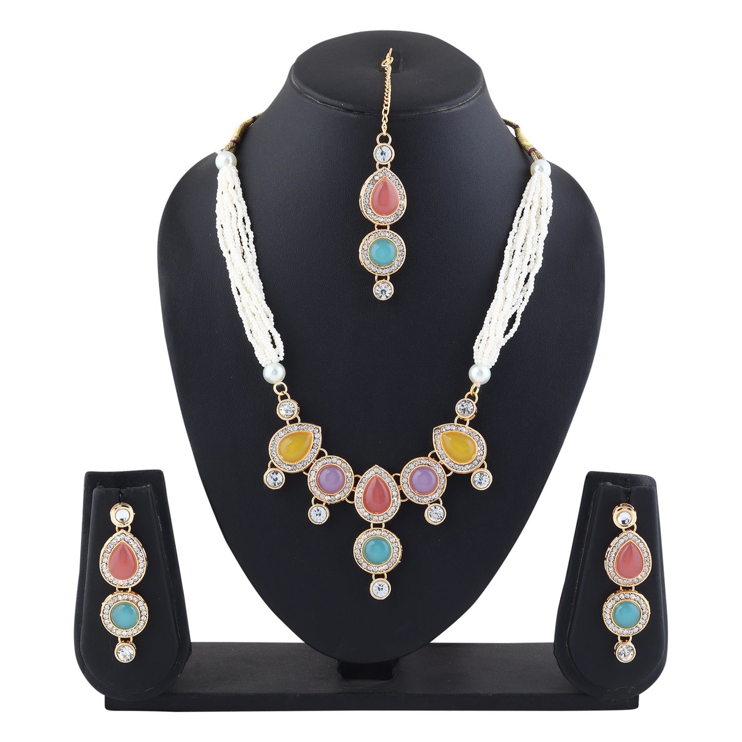 Multicolor Kundan Necklace and Earring Set With Pearl Mala  – Traditional Indian Jewelry for Women