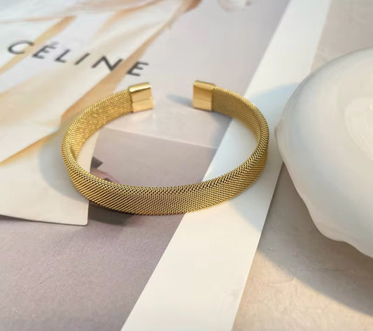 Golden Stainless Steel Mesh Cuff Bracelet – Unisex Jewelry