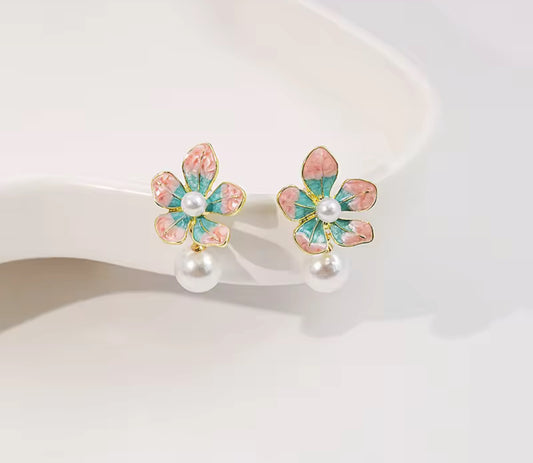 Iridescent Flower & Pearl Drop Earrings – Elegant Petal Studs for Women