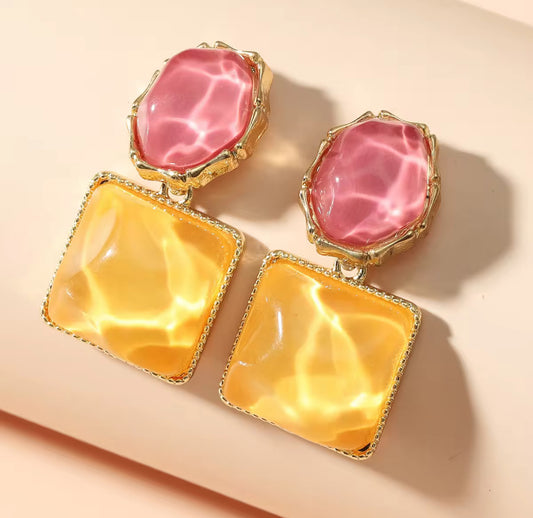 Tropical Sunset Resin Drop Earrings – Bold Pink & Yellow Statement Jewelry