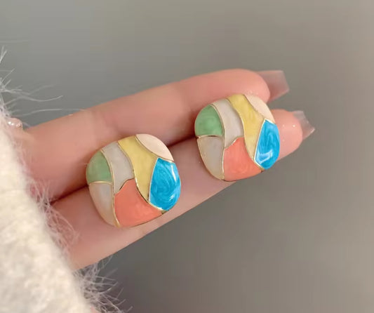 Colorful Mosaic Statement Earrings – Abstract Geometric Studs for Women