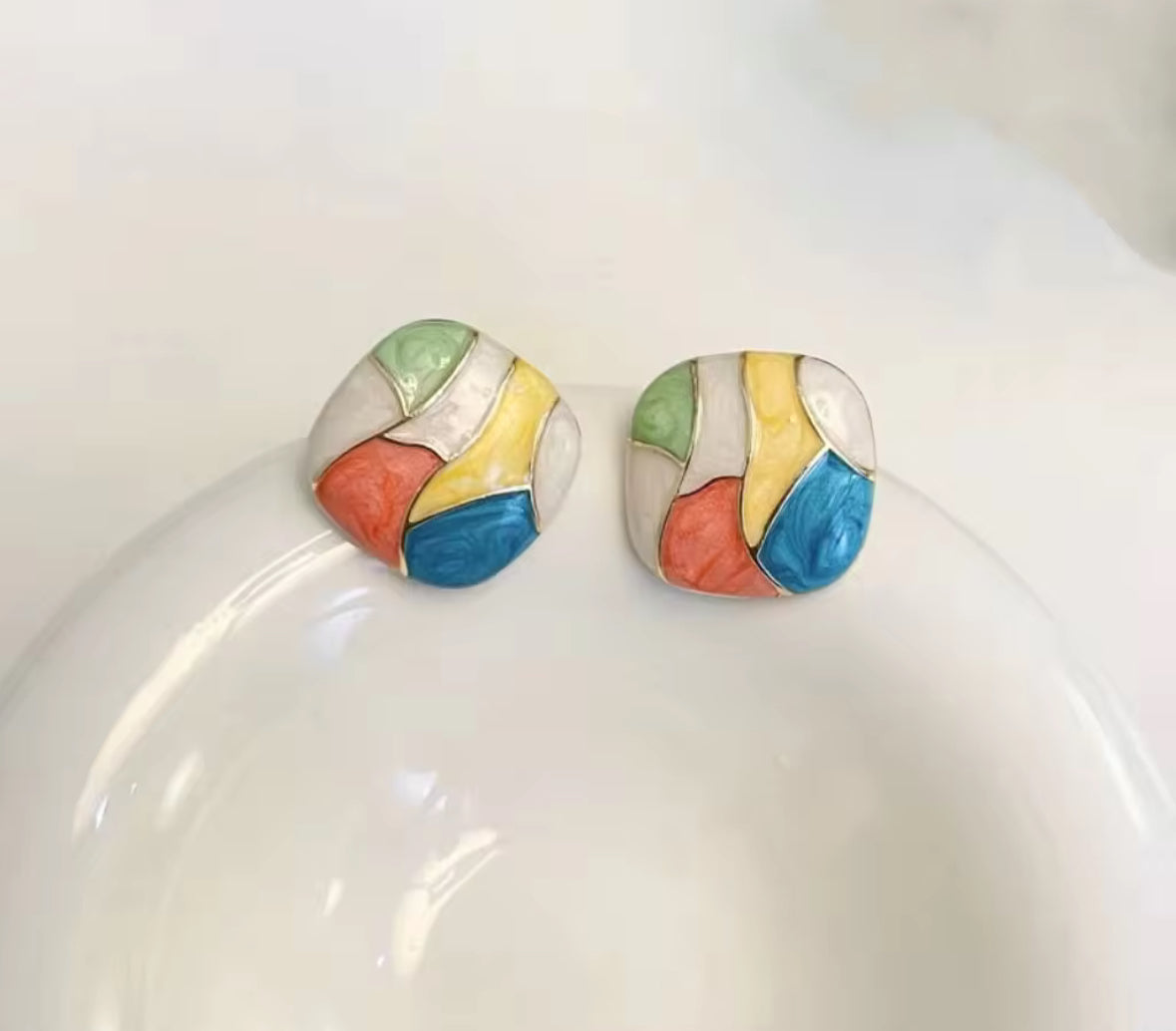 Colorful Mosaic Statement Earrings – Abstract Geometric Studs for Women