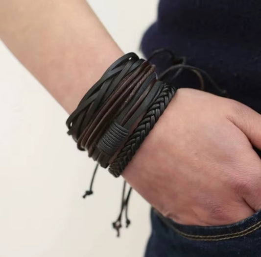 Men’s Faux Leather Bracelet Set – Vintage Braided Multi-Layer Adjustable Wristbands