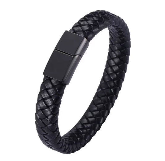 Men’s Black Braided Faux Leather Bracelet with Magnetic Clasp – Stylish & Durable Wristband