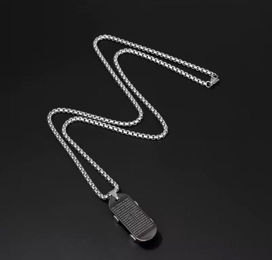 Men’s Christian Skateboard Pendant Necklace – Stainless Steel Cross with Engraved Bible Verse