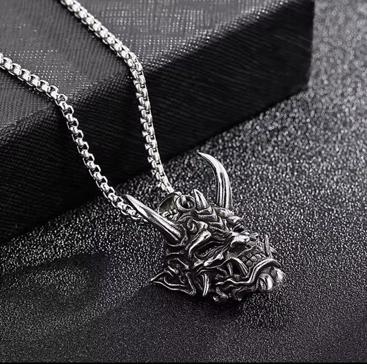 Oni Demon Mask Pendant Necklace – Japanese Samurai Spirit Stainless Steel Jewelry